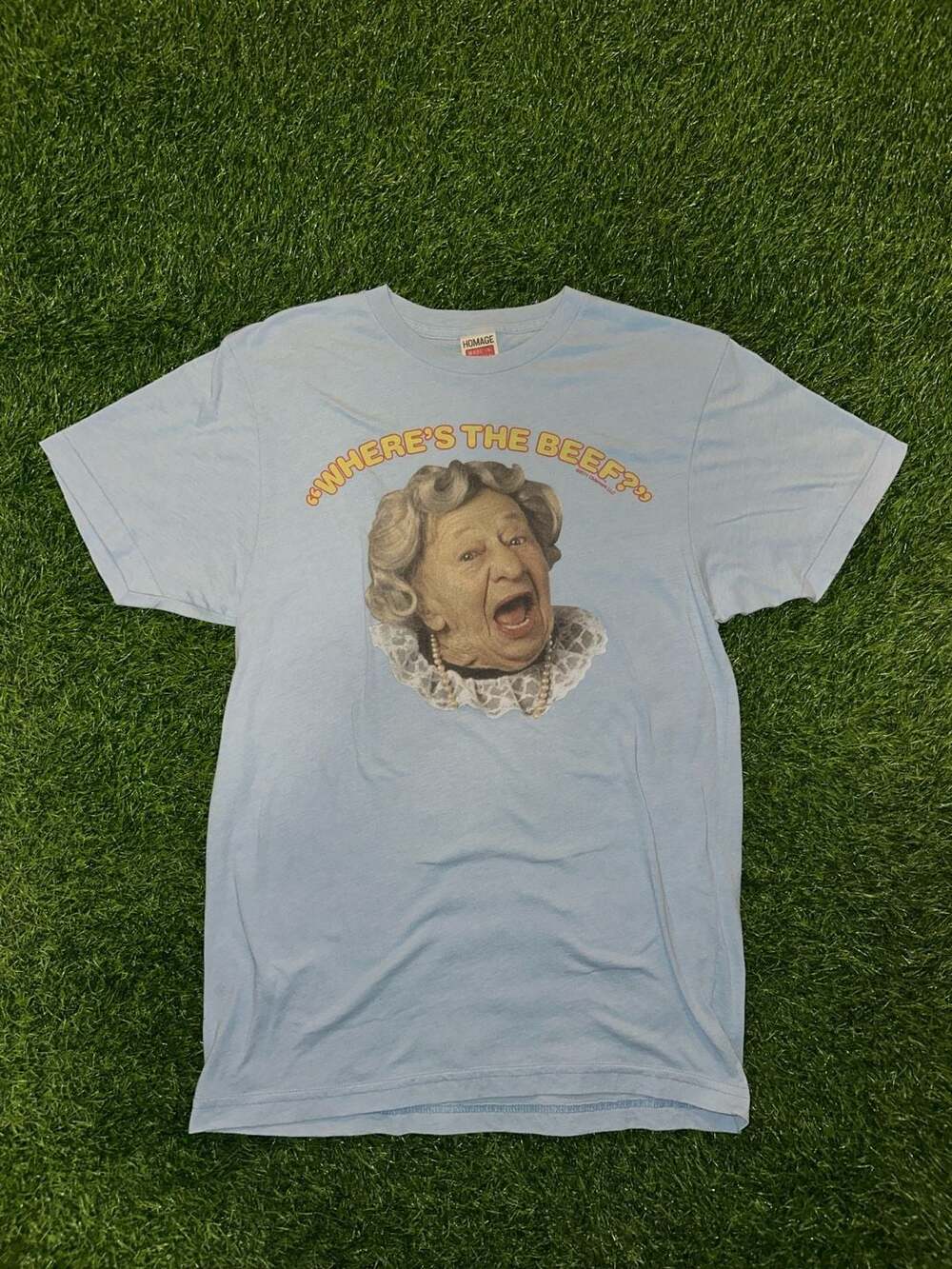Homage Where's The Beef Clara Peller Shirt Size Small Light Blue Wendy